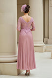 Dusty Rose Appliqued V-Neck Pleated Long Mother of the Bride Dress with Sleeves