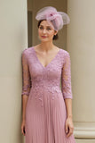 Dusty Rose Appliqued V-Neck Pleated Long Mother of the Bride Dress with Sleeves