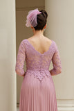 Dusty Rose Appliqued V-Neck Pleated Long Mother of the Bride Dress with Sleeves
