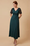 Pine Sheath V-Neck Ruched Maxi Mother of the Bride Dress with Sleeves