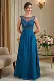 Peacock Blue Illusion Boat Neck A Line Long Mother of the Bride Dress with Appliques