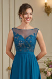 Peacock Blue Illusion Boat Neck A Line Long Mother of the Bride Dress with Appliques