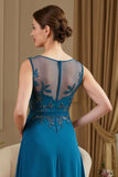 Peacock Blue Illusion Boat Neck A Line Long Mother of the Bride Dress with Appliques