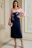 Navy Pink Sheath Satin Off the Shoulder Midi Mother of the Bride Dress with Appliques
