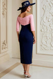 Navy Pink Sheath Satin Off the Shoulder Midi Mother of the Bride Dress with Appliques