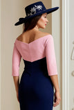 Navy Pink Sheath Satin Off the Shoulder Midi Mother of the Bride Dress with Appliques