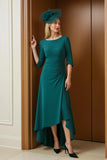 Pine Ruched Sheath Boat Neck High Low Mother of the Bride Dress with Sleeves