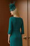 Pine Ruched Sheath Boat Neck High Low Mother of the Bride Dress with Sleeves