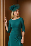 Pine Ruched Sheath Boat Neck High Low Mother of the Bride Dress with Sleeves