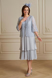 Silver 3/4 Sleeves Tiered 2 Piece Midi Mother of the Bride Dress with Lace
