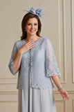 Silver 3/4 Sleeves Tiered 2 Piece Midi Mother of the Bride Dress with Lace