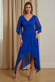 Royal Blue Asymmetrical Ruched Mother of the Bride Dress with Sleeves