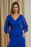 Royal Blue Asymmetrical Ruched Mother of the Bride Dress with Sleeves