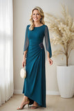 Peacock Blue Sheath Chiffon Boat Neck Long Mother of the Bride Dress with Beading