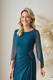 Peacock Blue Sheath Chiffon Boat Neck Long Mother of the Bride Dress with Beading