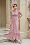 Dusty Rose Ruched V-Neck A Line Maxi Mother of the Bride Dress with Lace
