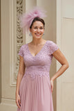 Dusty Rose Ruched V-Neck A Line Maxi Mother of the Bride Dress with Lace