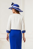 Royal Blue White Sheath Round Neck 2 Piece Midi Mother of the Bride Suits