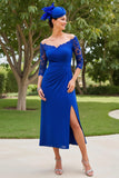 Royal Blue Ruched Sheath Off the Shoulder Maxi Mother of the Bride Dress with Slit