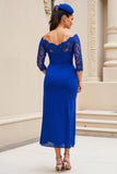 Royal Blue Ruched Sheath Off the Shoulder Maxi Mother of the Bride Dress with Slit