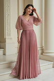 Dusty Rose Pleated V-Neck Chiffon Long Mother of the Bride Dress with Sleeves