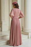 Dusty Rose Pleated V-Neck Chiffon Long Mother of the Bride Dress with Sleeves