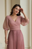 Dusty Rose Pleated V-Neck Chiffon Long Mother of the Bride Dress with Sleeves