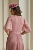 Dusty Rose Pleated V-Neck Chiffon Long Mother of the Bride Dress with Sleeves