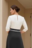 Black White Chiffon Boat Neck A Line Maxi Mother of the Bride Dress with Sleeves