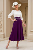 Black White Chiffon Boat Neck A Line Maxi Mother of the Bride Dress with Sleeves