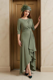 Olive Ruched Boat Neck High Low Mother of the Bride Dress with Sleeves