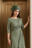 Olive Ruched Boat Neck High Low Mother of the Bride Dress with Sleeves
