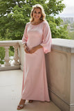 Candy Pink Chiffon Sheath Round Neck Long Mother of the Bride Dress with Sleeves