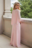 Candy Pink Chiffon Sheath Round Neck Long Mother of the Bride Dress with Sleeves