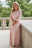 Candy Pink Chiffon Sheath Round Neck Long Mother of the Bride Dress with Sleeves