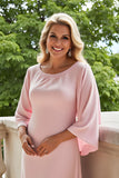 Candy Pink Chiffon Sheath Round Neck Long Mother of the Bride Dress with Sleeves