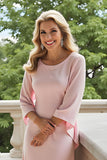 Candy Pink Chiffon Sheath Round Neck Long Mother of the Bride Dress with Sleeves