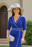 Royal Blue Sheath Satin V-Neck Midi Mother of the Bride Dress with Slit