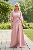 Blush Boat Neck Ruched Long Mother of the Bride Dress with Lace