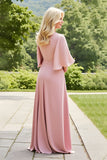 Blush Boat Neck Ruched Long Mother of the Bride Dress with Lace