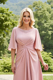 Blush Boat Neck Ruched Long Mother of the Bride Dress with Lace