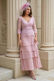 Blush Appliqued Tiered V-Neck Long Mother of the Bride Dress with Sleeves