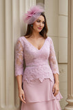 Blush Appliqued Tiered V-Neck Long Mother of the Bride Dress with Sleeves