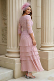Blush Appliqued Tiered V-Neck Long Mother of the Bride Dress with Sleeves