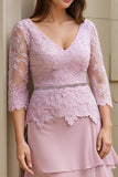 Blush Appliqued Tiered V-Neck Long Mother of the Bride Dress with Sleeves