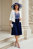 Navy White 2 Piece Chiffon A Line Pleated Midi Mother of the Bride Dress with Sleeves