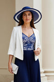 Navy White 2 Piece Chiffon A Line Pleated Midi Mother of the Bride Dress with Sleeves