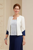 Navy and White 3 Piece Long Mother of the Bride Outfits with Sleeves