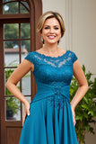 Peacock Blue A Line Chiffon Asymmetrical Mother of the Bride Dress with Lace