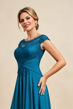Peacock Blue A Line Chiffon Asymmetrical Mother of the Bride Dress with Lace